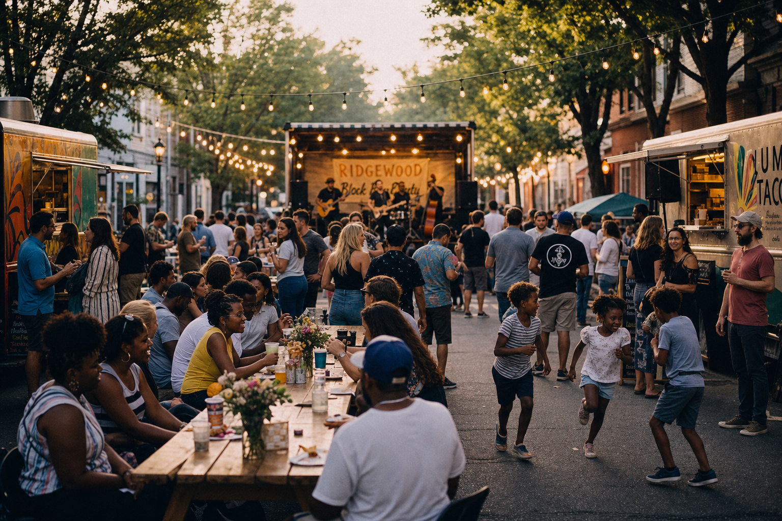 A lively neighbourhood block party gathering.