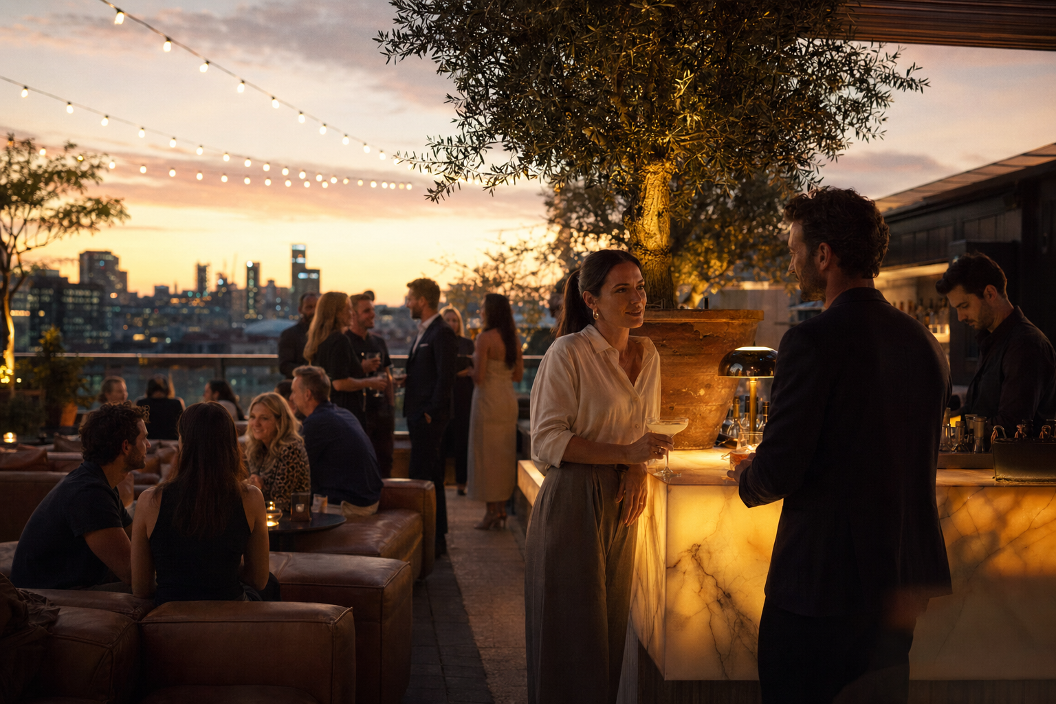 Members on a rooftop overlooking the city.
