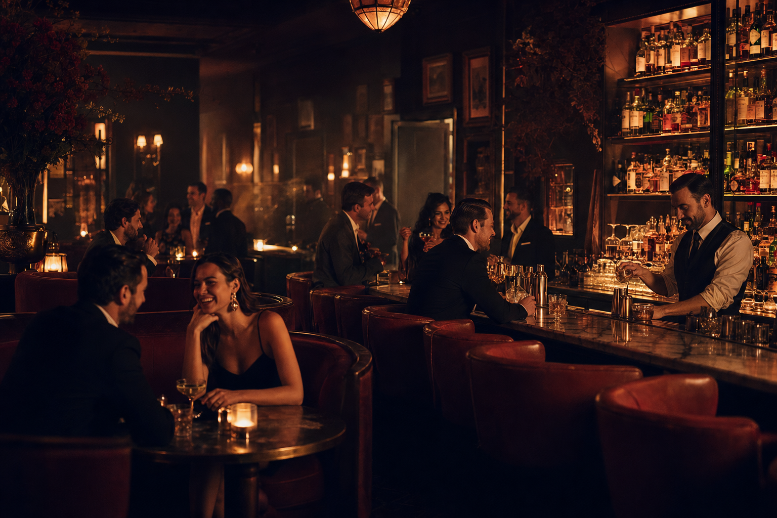 An intimate speakeasy-style member gathering.
